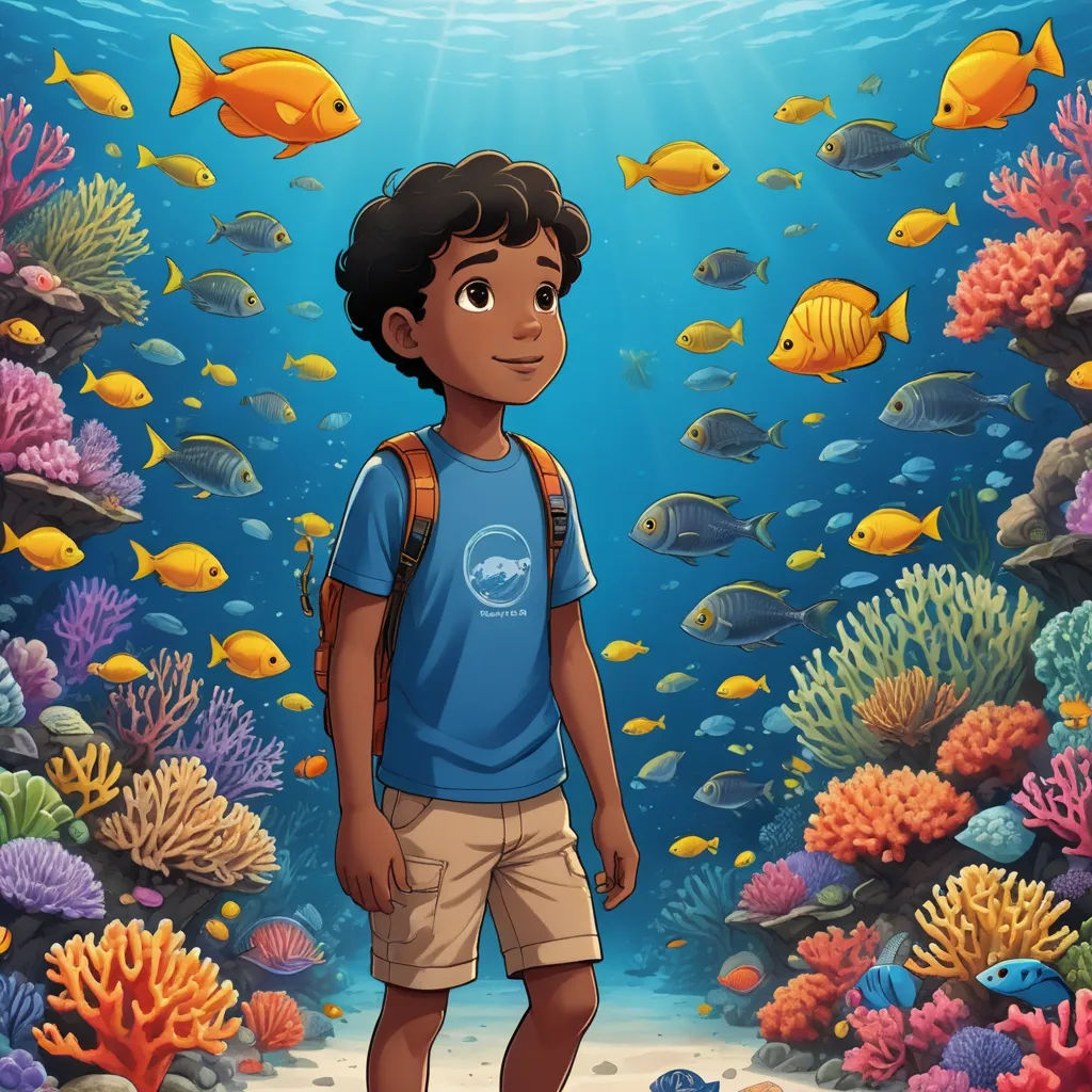 a boy standing in front of a large aquarium with fish and corals on the bottom of the water, environmental art, poster art, Cliff Childs, promotional image