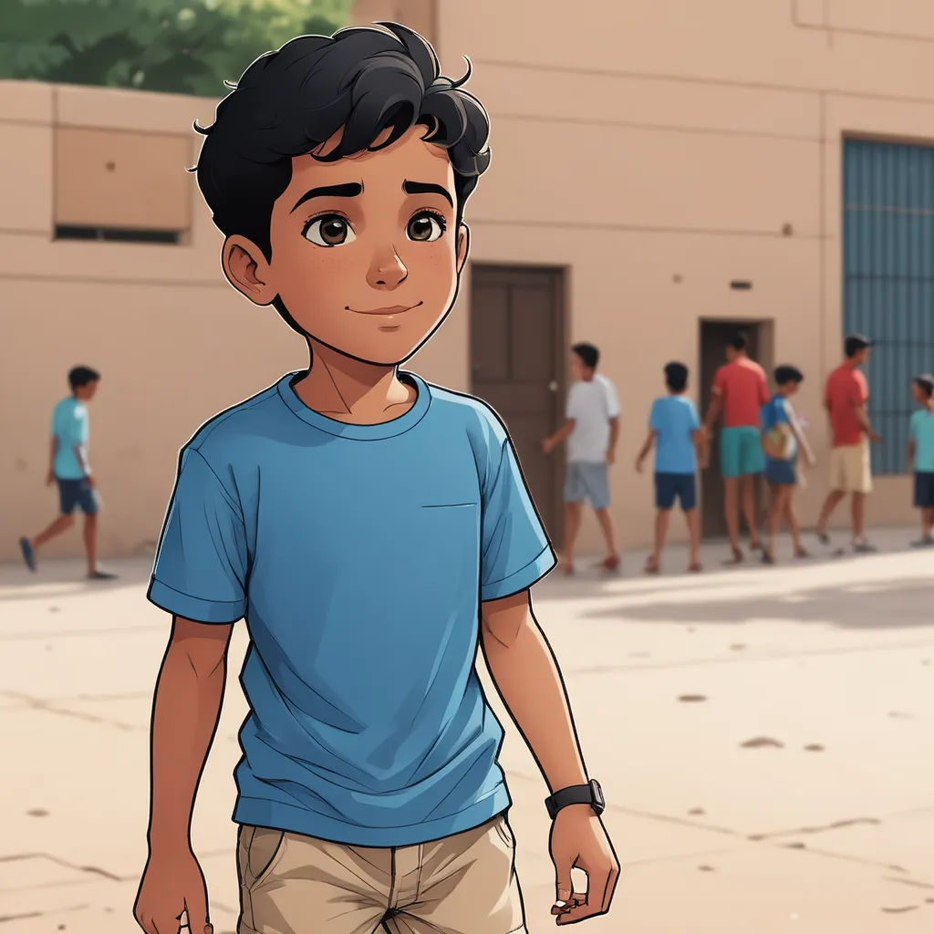 a boy in a blue shirt is standing in front of a building with a group of people in the background, paris school, a comic book panel, Diego Gisbert Llorens, official art