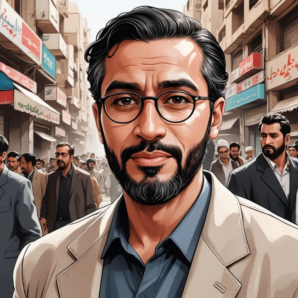a man with glasses and a beard in a crowd of people in a city street with buildings and signs, serial art, a character portrait, Amir Zand, graphic novel