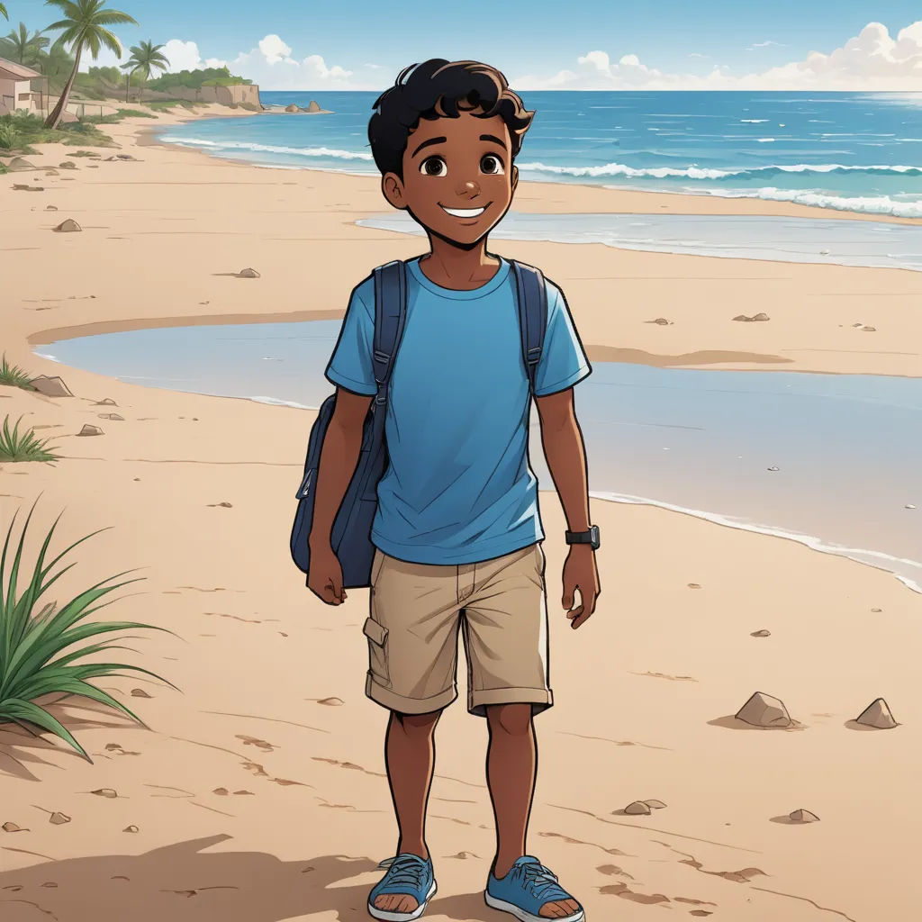 a cartoon boy standing on a beach with a backpack on his back and a blue shirt on his shirt, sots art, a character portrait, Cedric Seaut (Keos Masons), official art