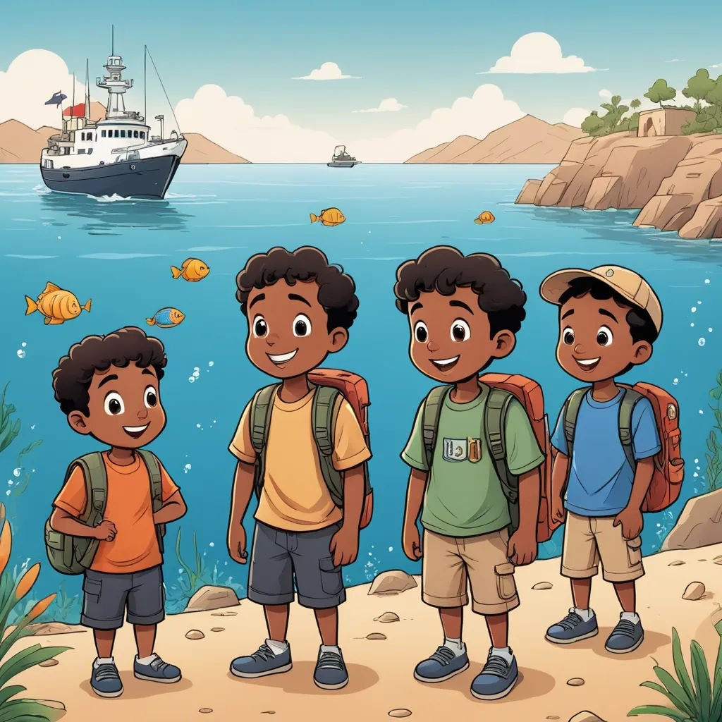 a group of children standing on a beach near a boat in the water and a boat in the water, lyco art, a storybook illustration, Diego Gisbert Llorens, comic cover art