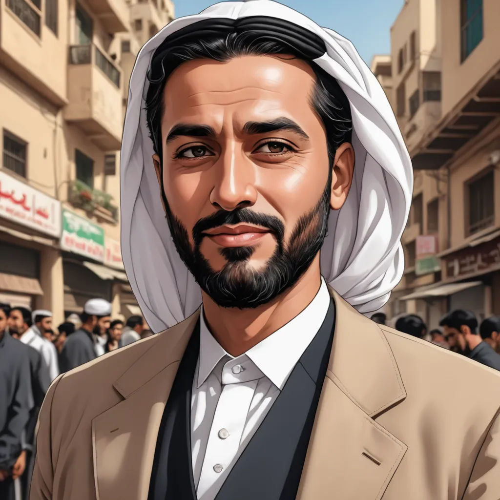 a man in a suit and a white head scarf is standing in front of a crowd of people in a city, hurufiyya, a character portrait, Ahmed Karahisari, character portrait