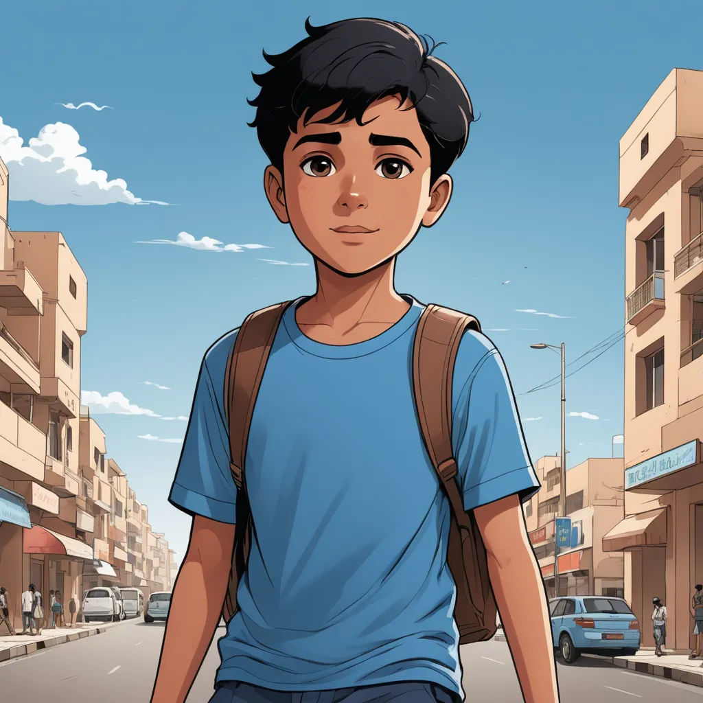 a boy with a backpack is walking down the street in a cartoon style, with buildings in the background, serial art, a comic book panel, Fathi Hassan, graphic novel