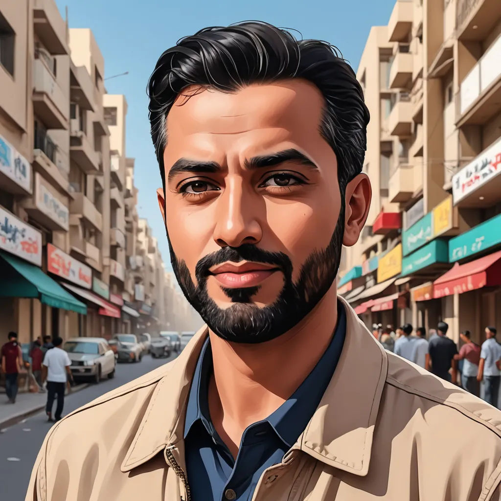 a man with a beard and a tan jacket on a street corner with people walking around and buildings in the background, serial art, a character portrait, Ahmed Karahisari, digital portrait