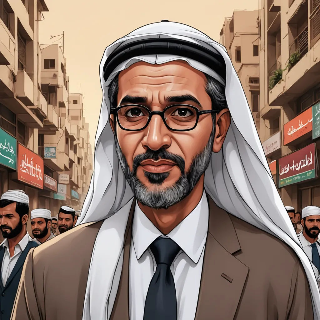 a man in a suit and tie standing in front of a crowd of people in a city street with buildings, serial art, a character portrait, Ahmed Karahisari, graphic novel