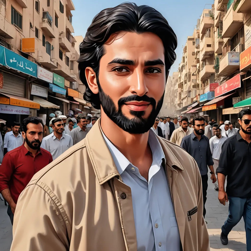 a man with a beard and a beard standing in front of a crowd of people on a street with buildings, hyperrealism, a hyperrealistic painting, Ahmed Karahisari, extremely detailed oil painting