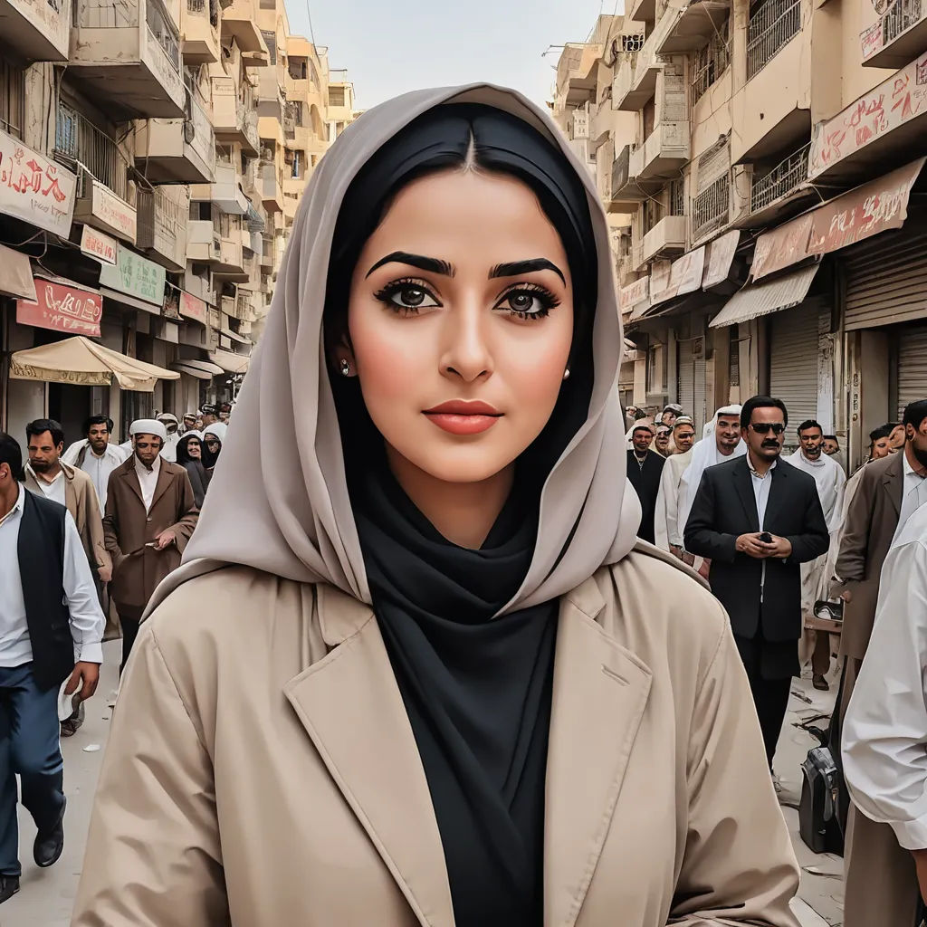 a woman in a hijab is standing in a crowd of people in a city street with buildings, aestheticism, a photorealistic painting, Ambreen Butt, perfect facial symmetry