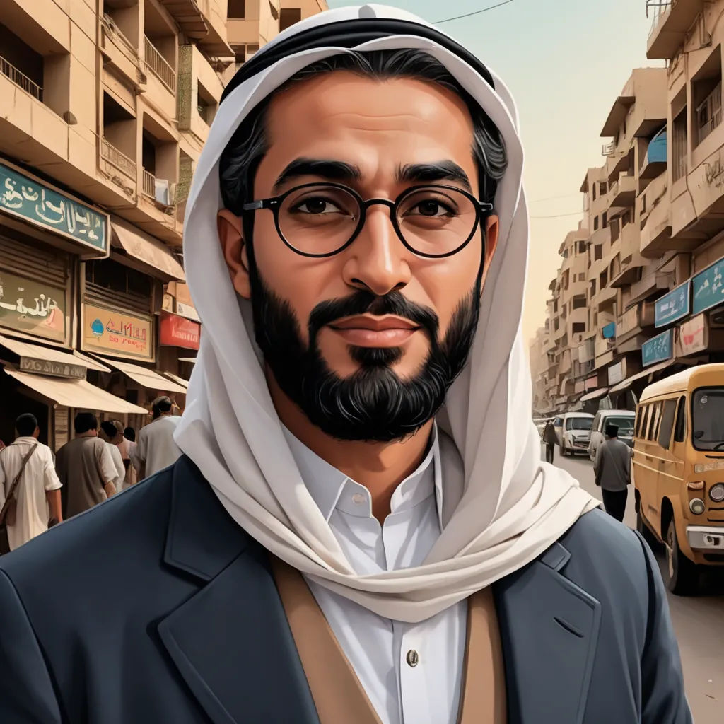 a man with a beard and glasses in a street in a city with buildings and cars in the background, serial art, a character portrait, Ahmed Karahisari, digital portrait