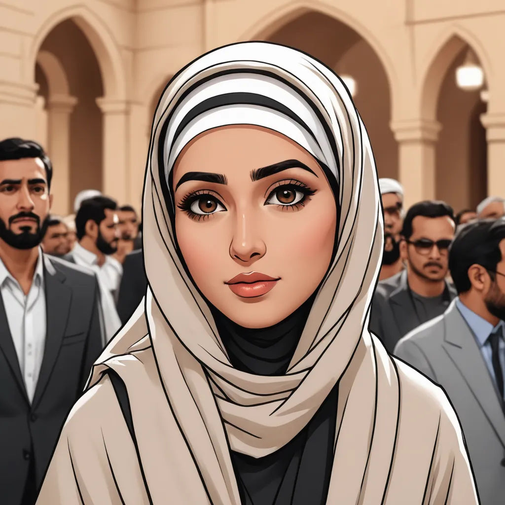 a woman in a headscarf is surrounded by a crowd of men in suits and ties, all dressed in black, hurufiyya, a comic book panel, Ambreen Butt, graphic novel