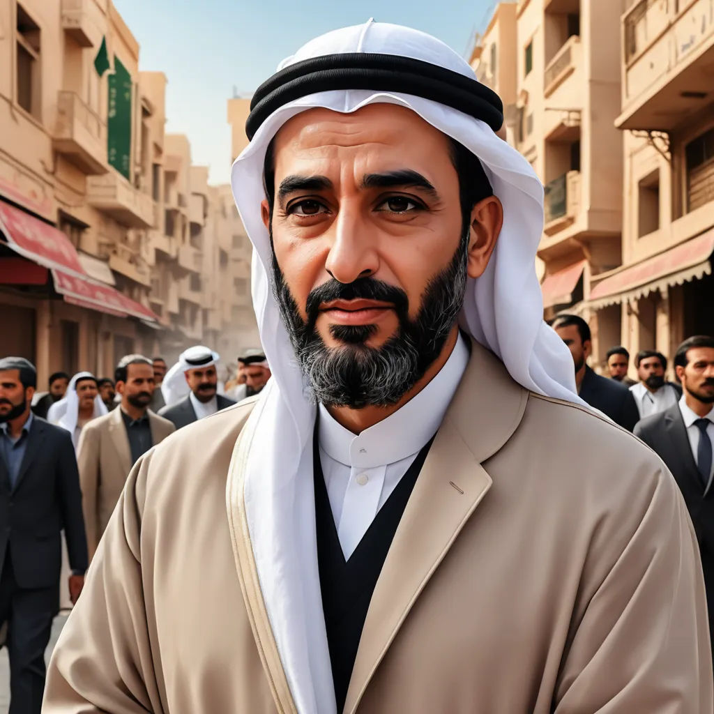 a man in a suit and a beard standing in front of a crowd of men in a city street, hurufiyya, a character portrait, Abdullah Gërguri, promotional image