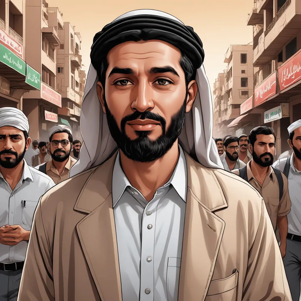 a man in a suit and a group of men in the street with buildings in the background and a man with a beard, serial art, a character portrait, Asaf Hanuka, graphic novel