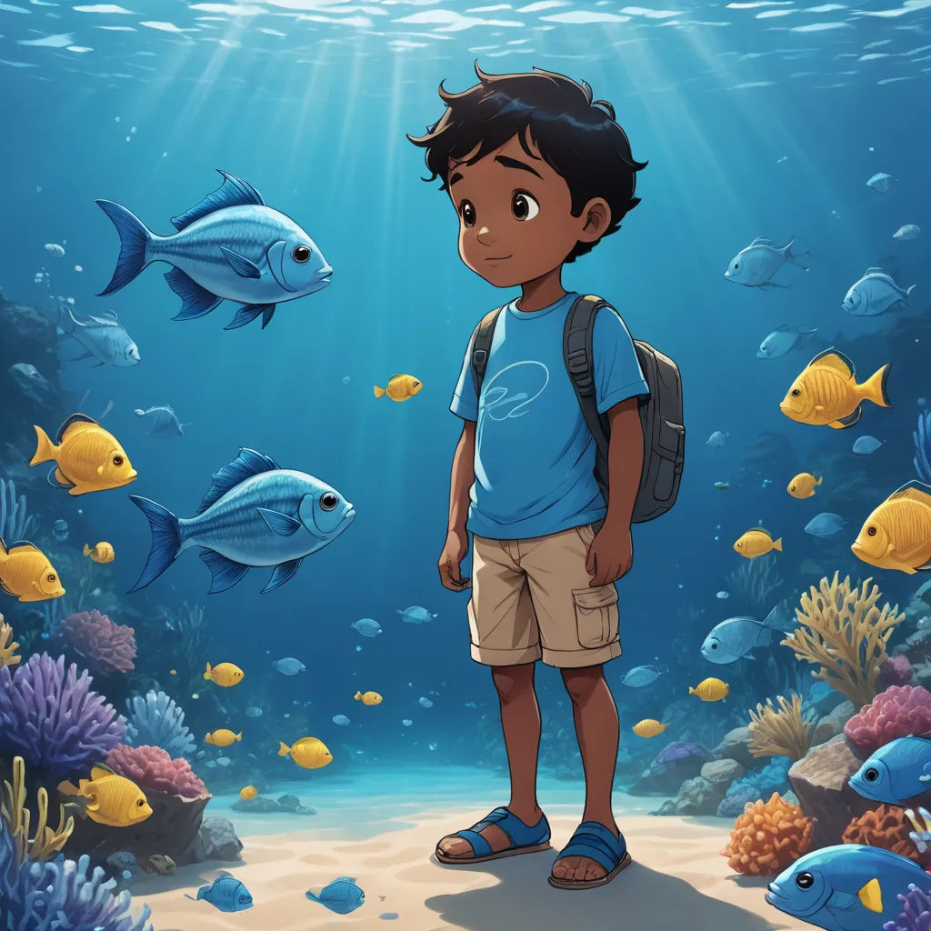 a boy standing under the water with a school of fish in the background illustration by alex krawc, photorealism, a storybook illustration, Cliff Childs, promotional image