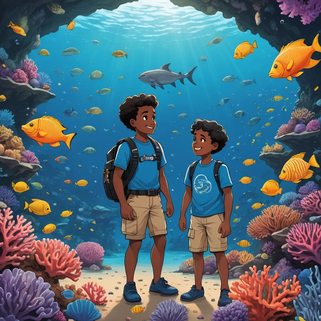 a couple of kids standing in front of a cave with fish and corals on it's sides, afrofuturism, a storybook illustration, Cedric Seaut (Keos Masons), comic cover art