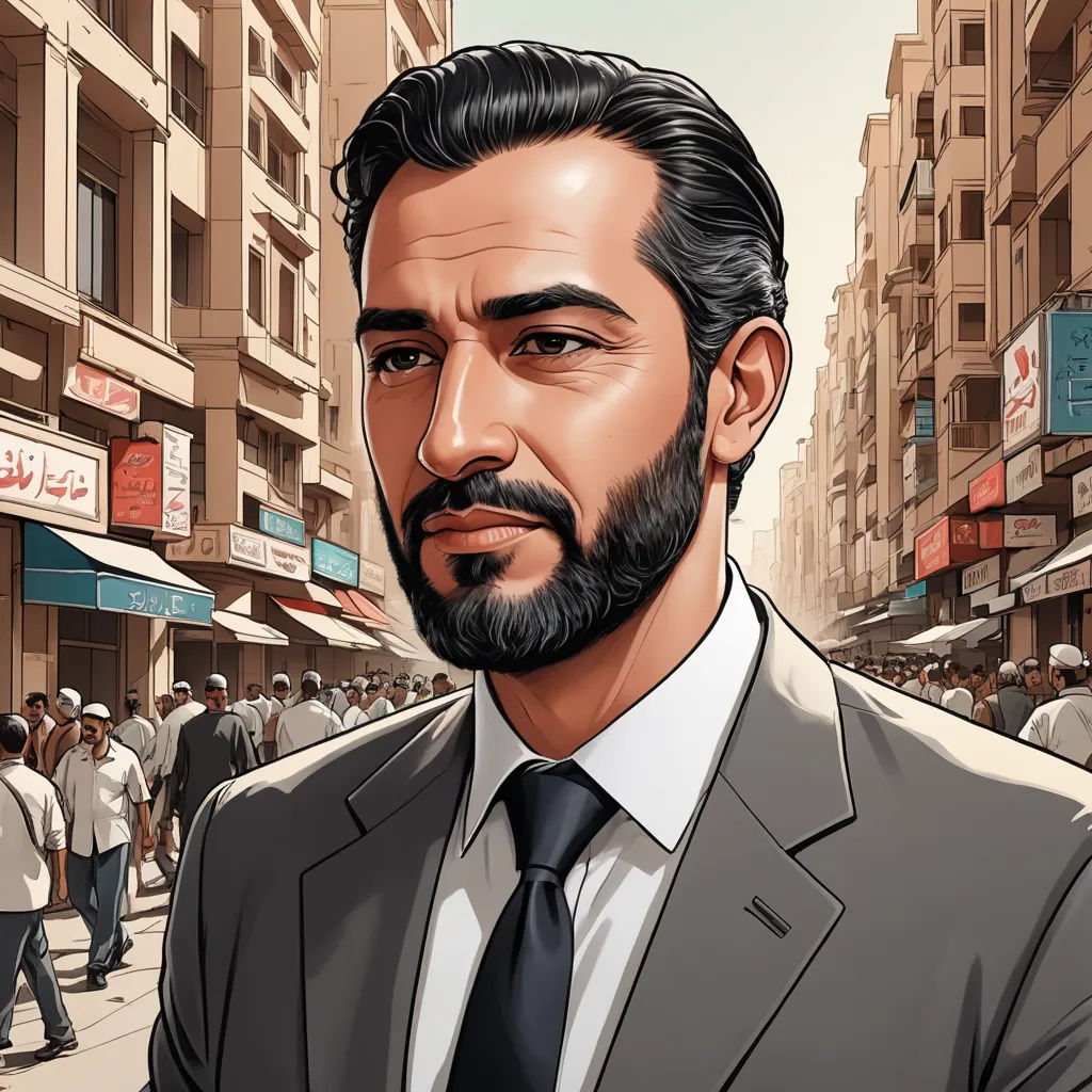 a man in a suit and tie standing in front of a crowd of people on a city street with buildings, serial art, a character portrait, Ahmed Karahisari, character portrait