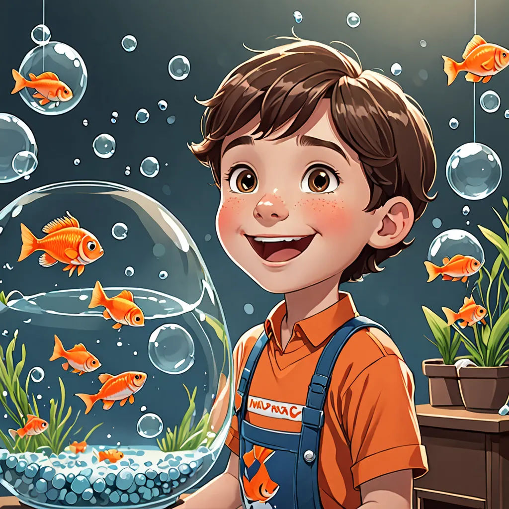 a boy is holding a fish in a bowl with goldfish in it and a fish bowl in front of him, lyco art, a storybook illustration, Diego Gisbert Llorens, trending on art station
