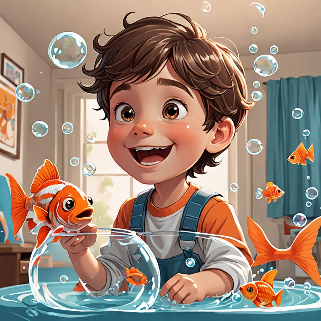 a boy is playing with a fish in a bowl of water with bubbles around him and a fish in the bowl, photorealism, a storybook illustration, Diego Gisbert Llorens, trending on art station