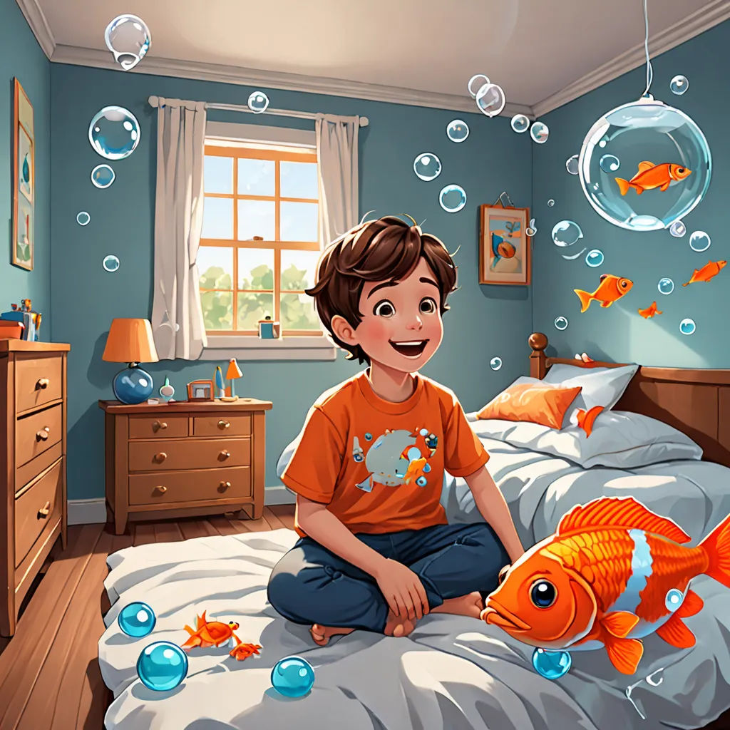 a boy sitting on a bed with a fish in his room and bubbles floating around him and a fish in his room, american scene painting, a storybook illustration, Diego Gisbert Llorens, storybook illustration