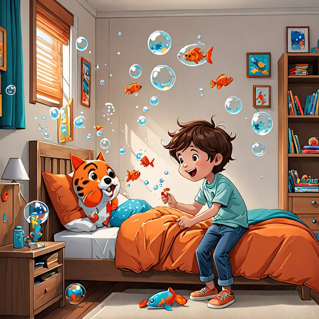 a boy is playing with a cat in a bedroom with bubbles on the wall and a tiger on the bed, lyco art, a storybook illustration, Diego Gisbert Llorens, official art