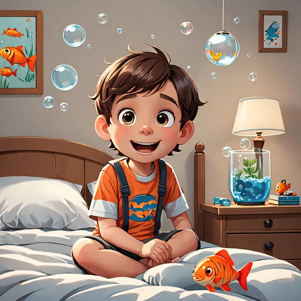 a boy sitting on a bed with a fish in his hand and bubbles floating around him and a fish bowl in the foreground, photorealism, a storybook illustration, Diego Gisbert Llorens, rossdraws global illumination