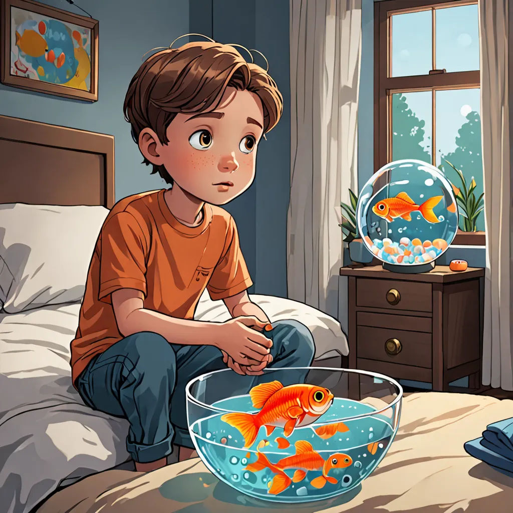 a boy sitting on a bed looking at a fish bowl with goldfish in it and a fish bowl in front of him, optical illusion, a storybook illustration, Diego Gisbert Llorens, storybook illustration