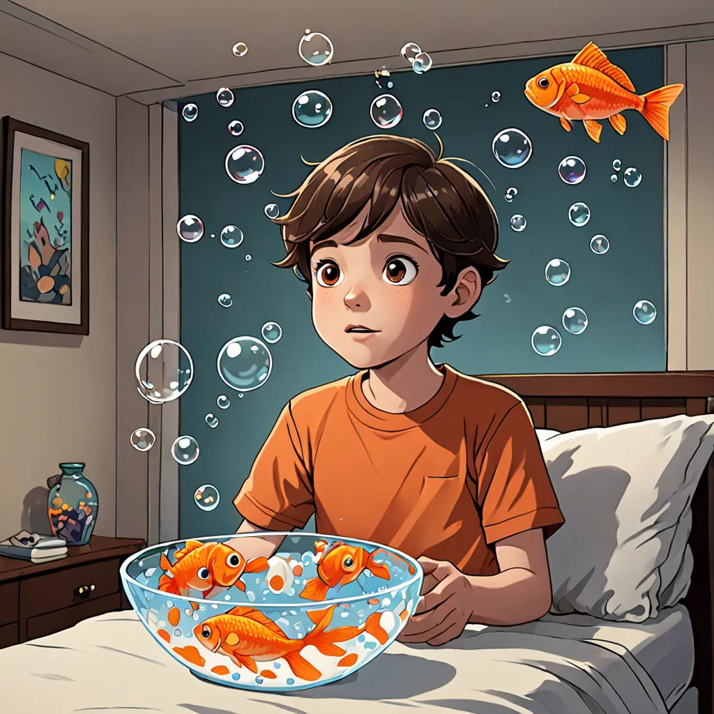 a boy sitting on a bed with a bowl of fish in front of him and bubbles floating around him, visual art, a storybook illustration, Aaron Jasinski, storybook illustration