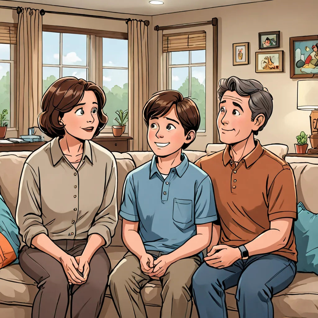 a family sitting on a couch in a living room with a window in the background and a painting of a woman, man and child, american scene painting, a comic book panel, Adam Manyoki, official art