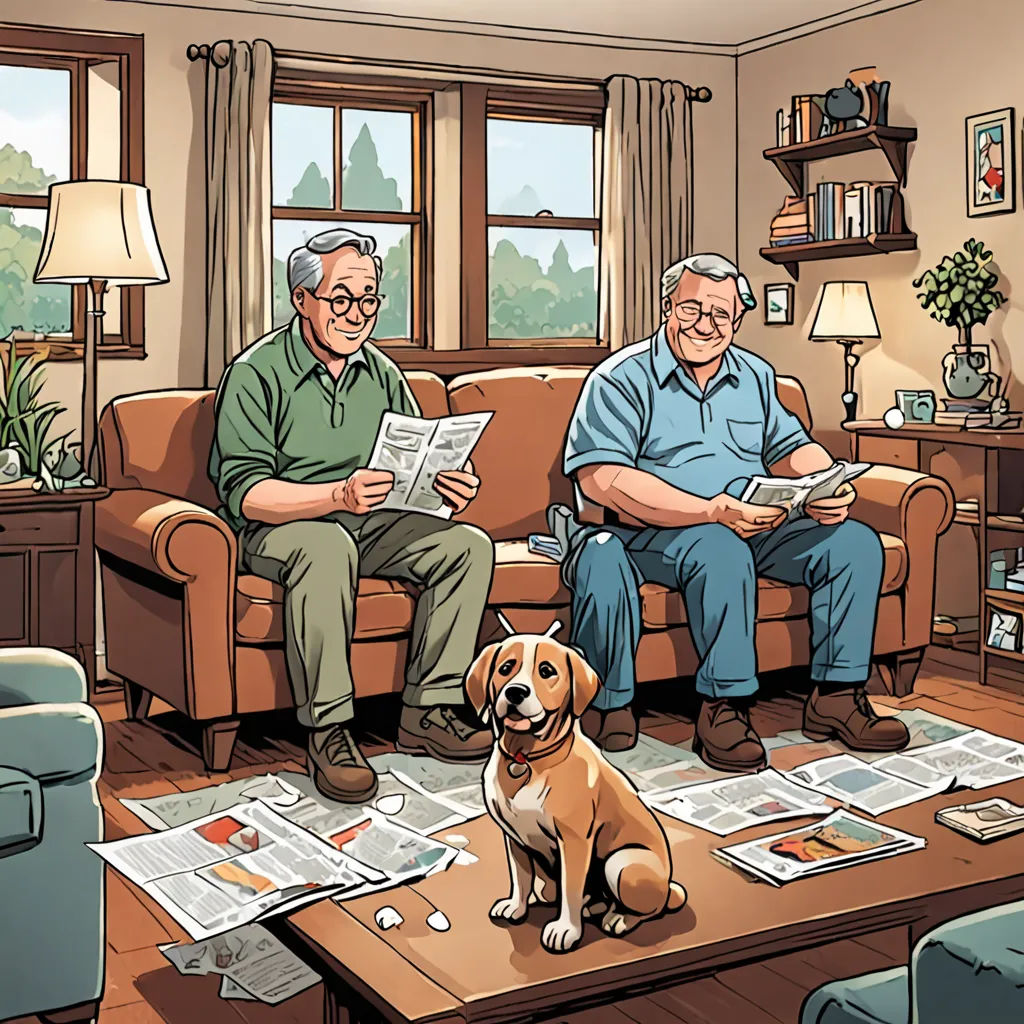 a couple of men sitting on a couch in a living room next to a dog and a table with papers, american scene painting, a comic book panel, F Scott Hess, comic book