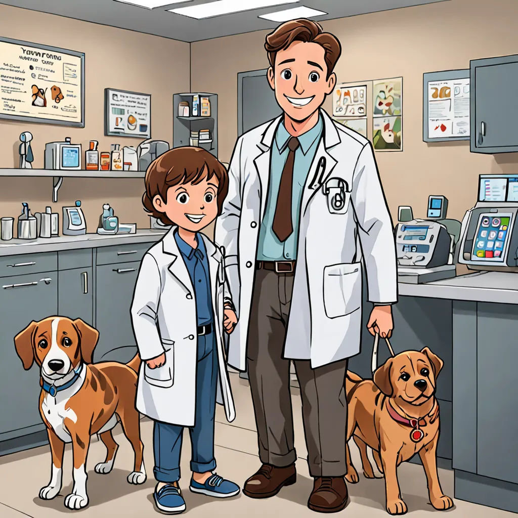 a man and a boy in a lab with two dogs standing next to them and a dog on the leash, remodernism, a storybook illustration, David Brewster, official art