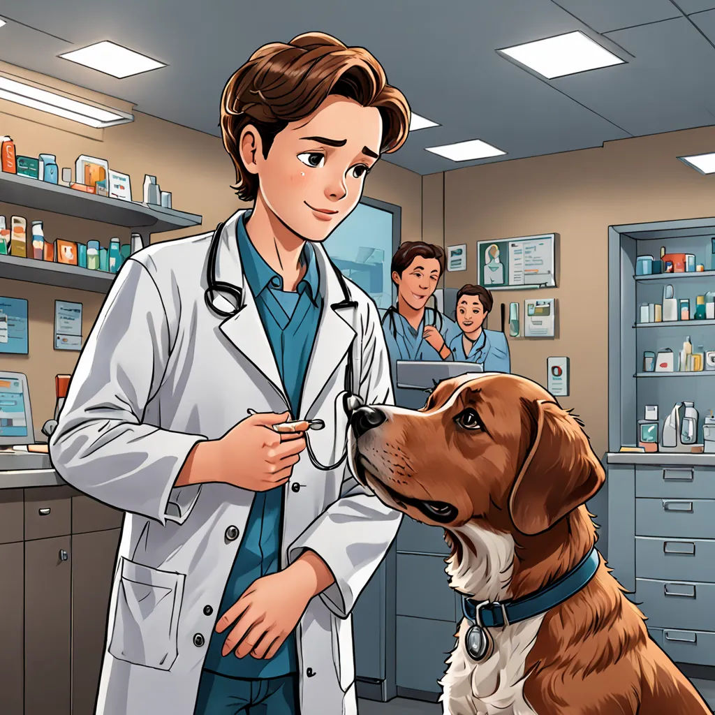 a dog is being examined by a veterinator in a lab area with a dog sitting on the floor, remodernism, a comic book panel, David Brewster, official art