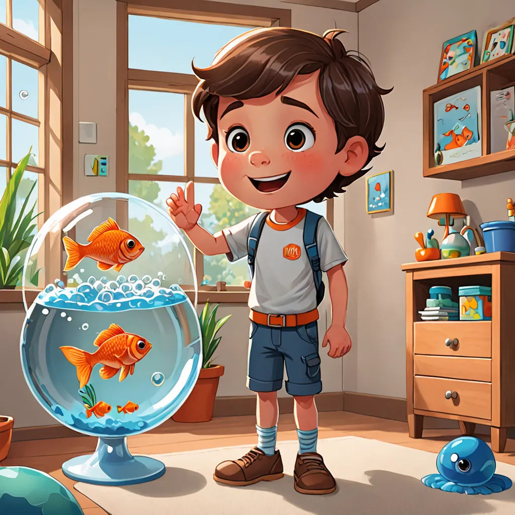 a boy standing in front of a fish bowl in a room with a window and a fish bowl in front of him, sots art, a storybook illustration, Diego Gisbert Llorens, 2 d game art