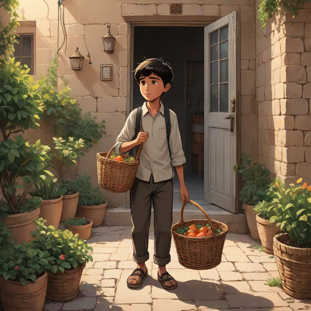 a boy carrying a basket of fruit in front of a house with a door and a brick walkway leading to it, a storybook illustration, Aaron Jasinski, plein air, ghibli