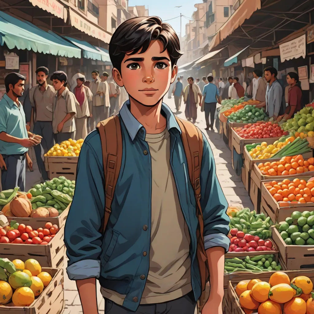 a man standing in front of a fruit stand with a lot of oranges and other fruit in boxes, a comic book panel, Asaf Hanuka, hurufiyya, graphic novel