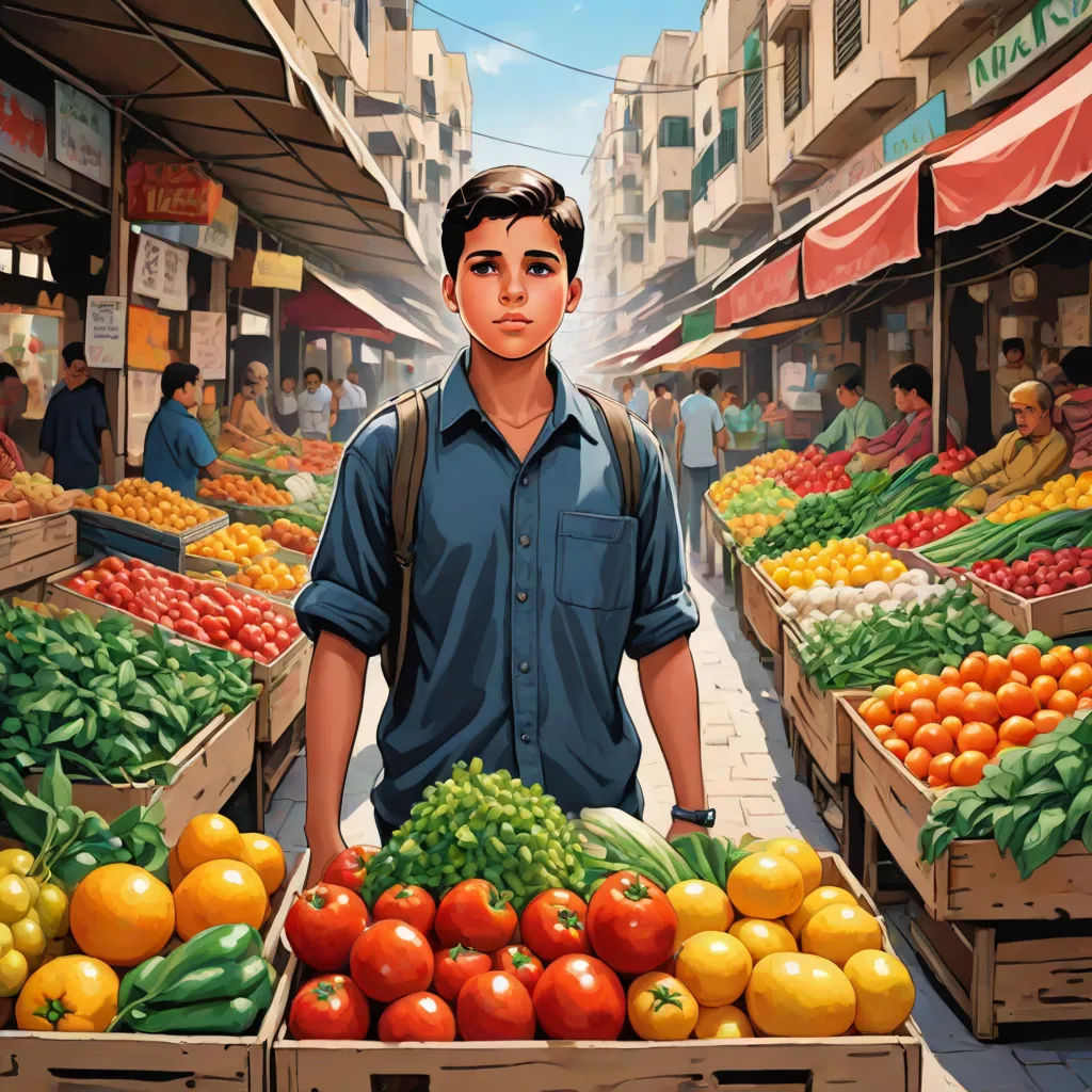 a man standing in front of a display of fruit and vegetables in crates in a market place with people walking by, a storybook illustration, Asaf Hanuka, hyperrealism, highly detailed digital painting