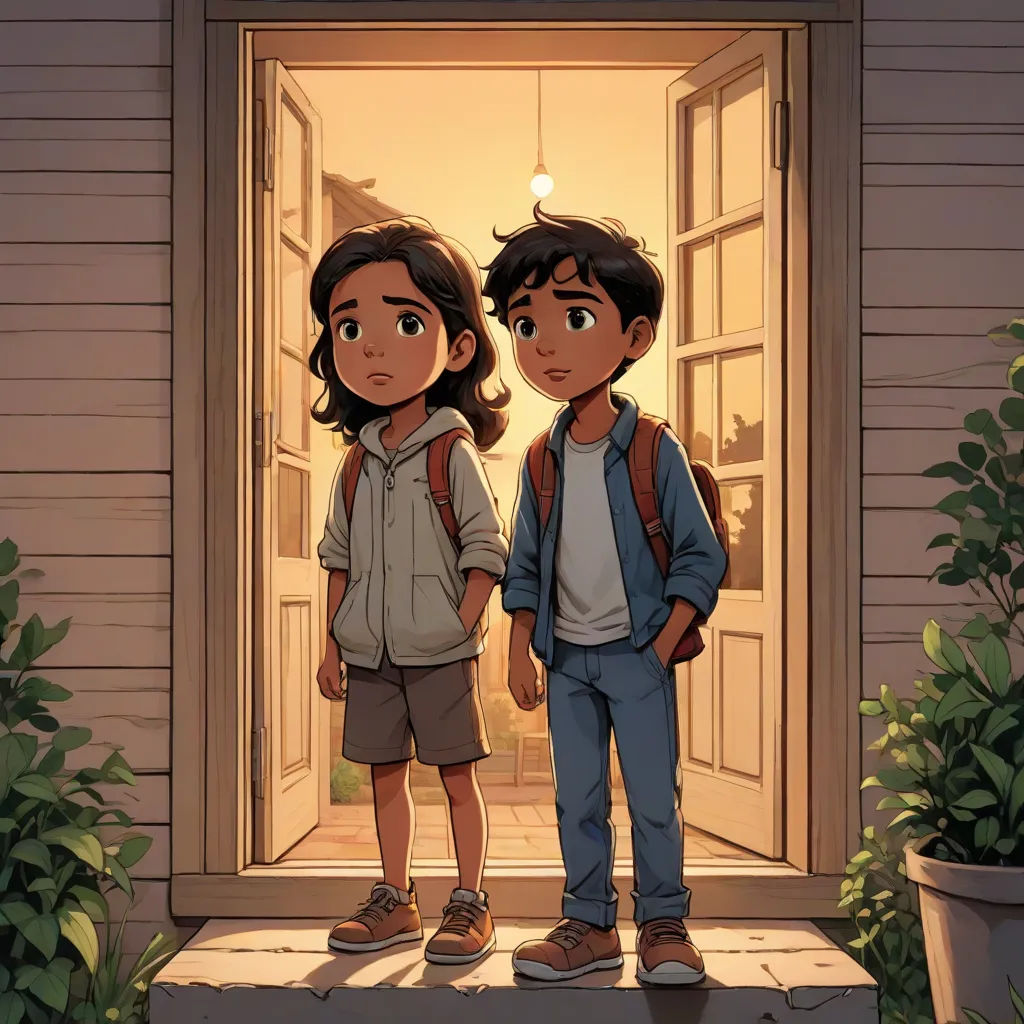 a boy and a girl standing in front of a door with a light on and a plant in the doorway, a comic book panel, Brothers Hildebrandt, serial art, comic cover art