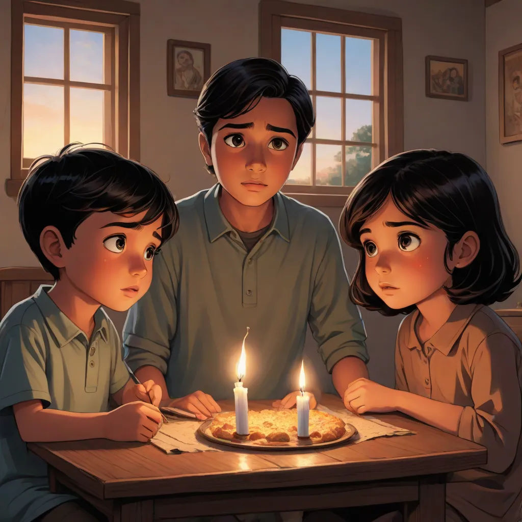 a man and two children sitting at a table with a cake with lit candles on it and a lit candle in the middle, a storybook illustration, Aaron Jasinski, sots art, comic cover art