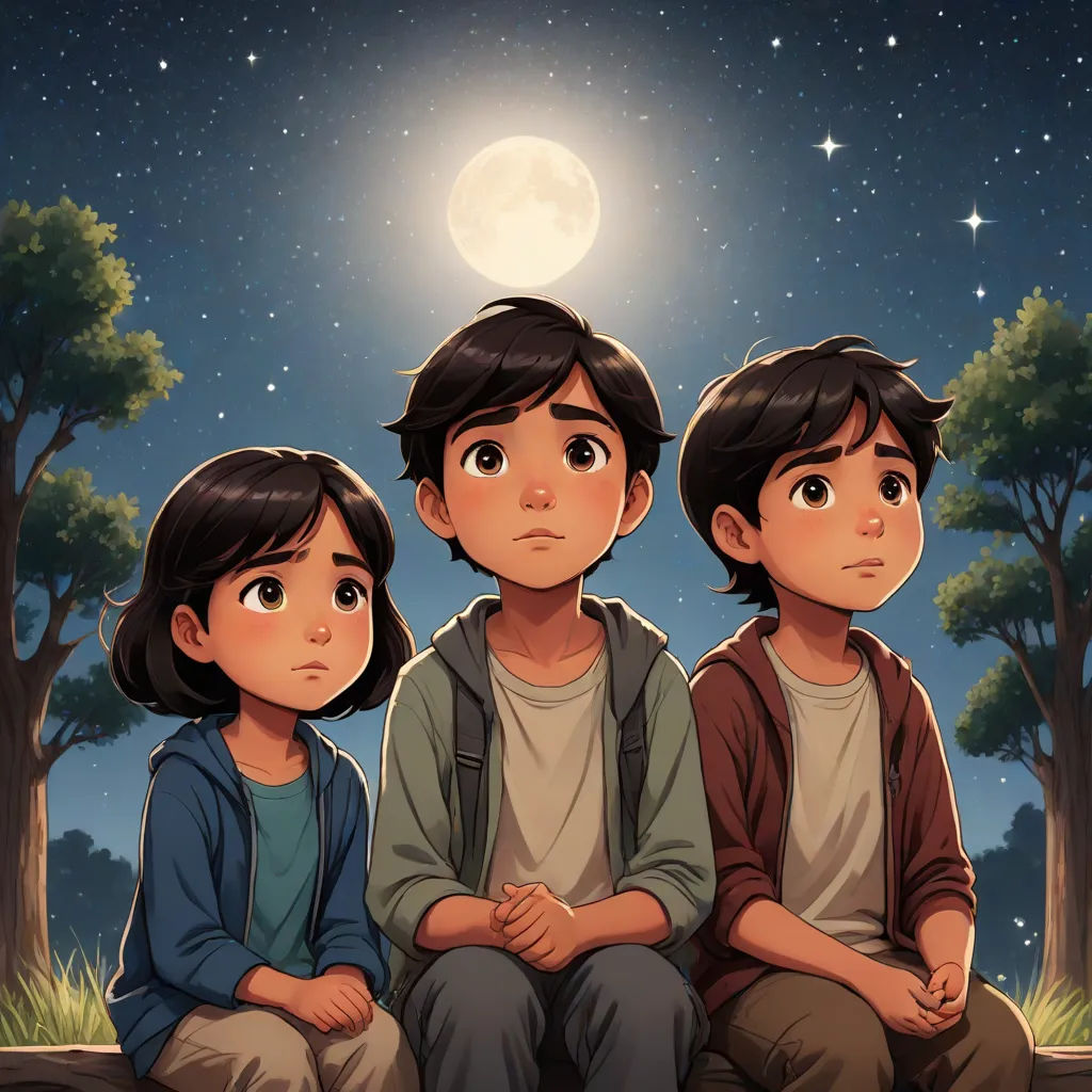 three people sitting on a bench in front of a full moon and stars sky with trees and a full moon in the background, a storybook illustration, Diego Gisbert Llorens, serial art, fireflies