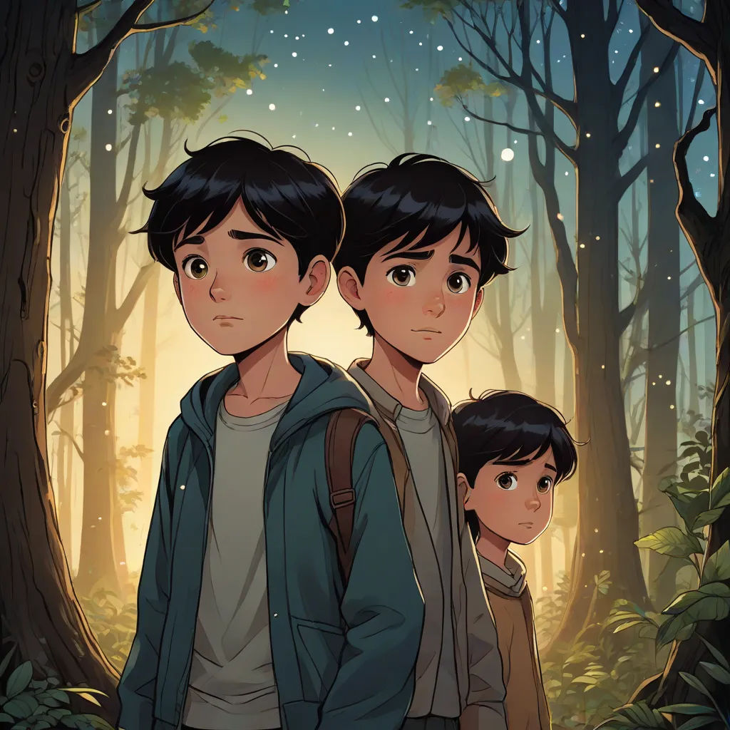 a couple of people standing in a forest with trees and stars above them and a sky filled with stars, a comic book panel, Diego Gisbert Llorens, serial art, comic cover art