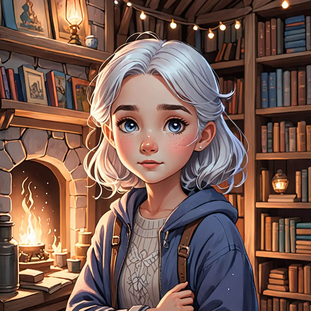 a girl standing in front of a fireplace in a library with a book case full of books and a lit candle, fantasy art, a character portrait, Charlie Bowater, deviantart artstation