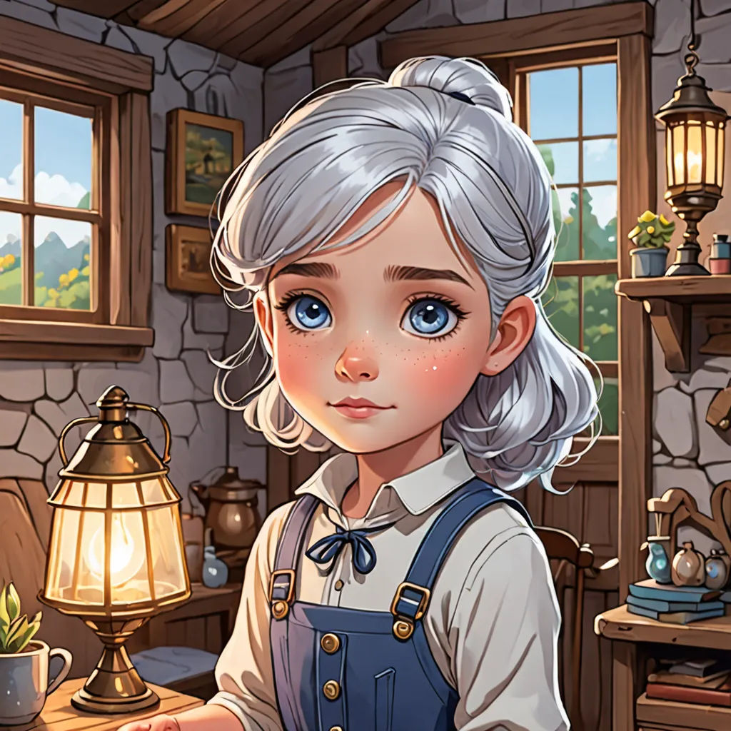 a girl with a white hair and blue eyes is standing in a room with a lamp and a desk, fantasy art, a character portrait, Anne Said, character portrait