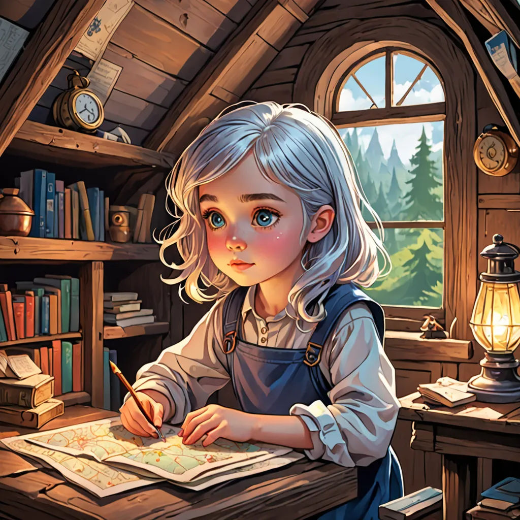 a little girl sitting at a desk with a book and a pen in her hand and a book on the desk, fantasy art, a storybook illustration, Artgerm, trending on art station