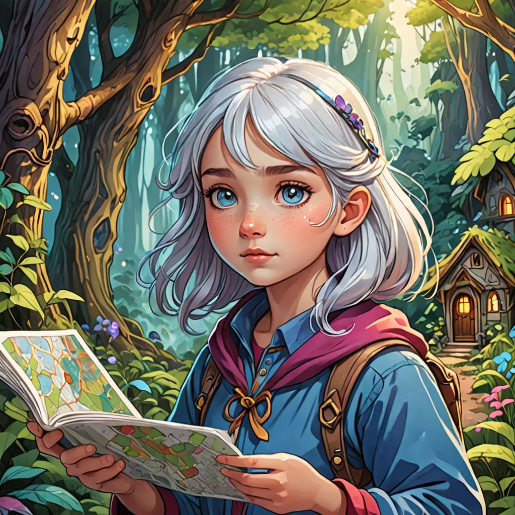 a girl with white hair is holding a map in a forest with a birdhouse in the background and a birdhouse in the foreground, fantasy art, a storybook illustration, Cliff Childs, rossdraws global illumination