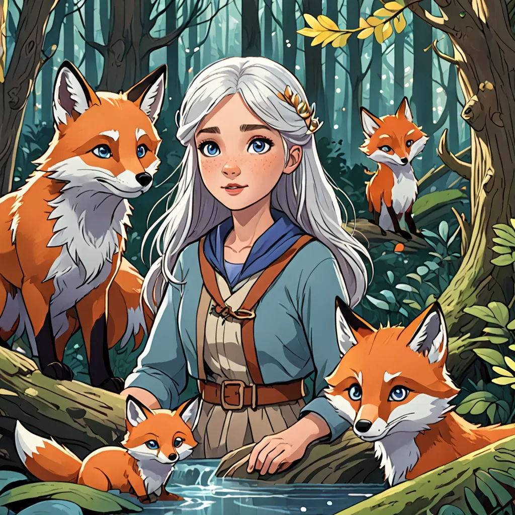 a woman with white hair and a blue shirt standing in front of a forest with foxes and a stream, furry art, a storybook illustration, Anne Said, official art
