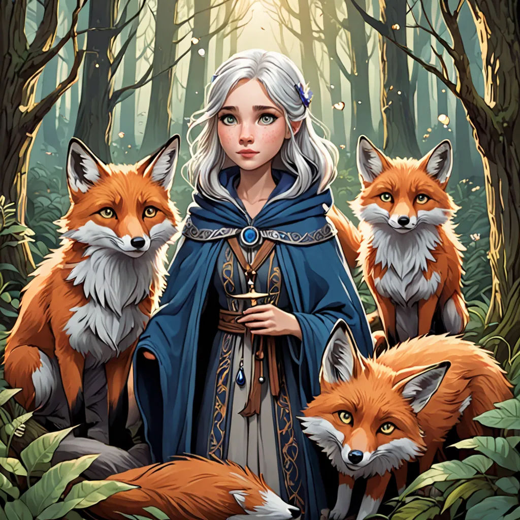 a woman with white hair and a blue cape standing in a forest with three foxes and a light shining through the trees, fantasy art, a storybook illustration, Artgerm, official art