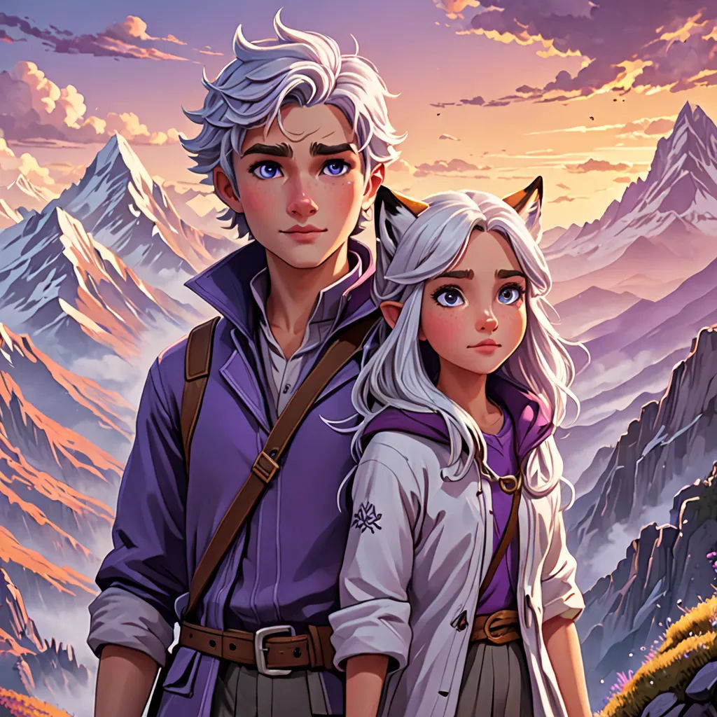a couple of people standing next to each other in front of mountains and clouds with a cat on their shoulder, fantasy art, a storybook illustration, Cyril Rolando, official art