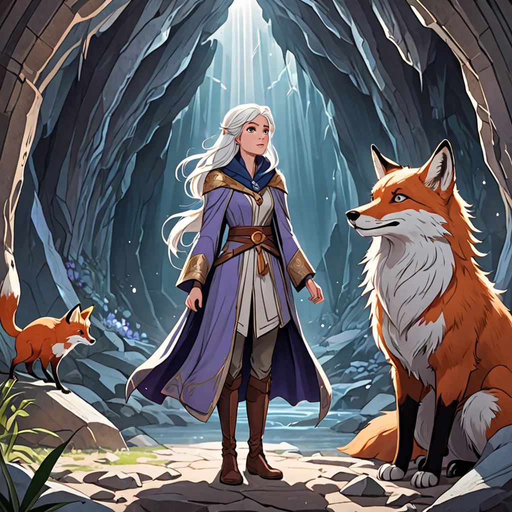 a woman in a purple coat standing next to a fox in a cave with a light shining down on her, fantasy art, a storybook illustration, Cliff Childs, official art