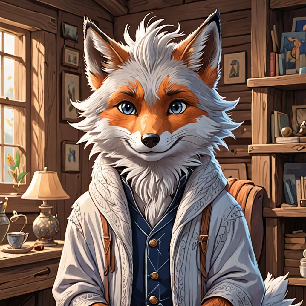 a fox in a room with a desk and a chair and a lamp on the table and a bookcase, furry art, a detailed painting, Aaron Jasinski, kinkade