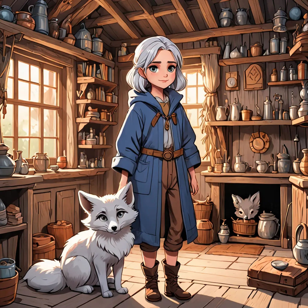 a woman standing next to a white fox in a room filled with shelves and other items and a cat, fantasy art, a storybook illustration, Cliff Childs, official art