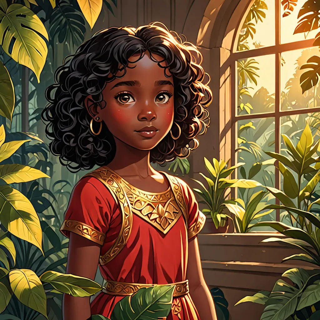 a painting of a young girl in a red dress standing in front of a window with plants and a window sill, fantasy art, a storybook illustration, Ella Guru, rossdraws global illumination