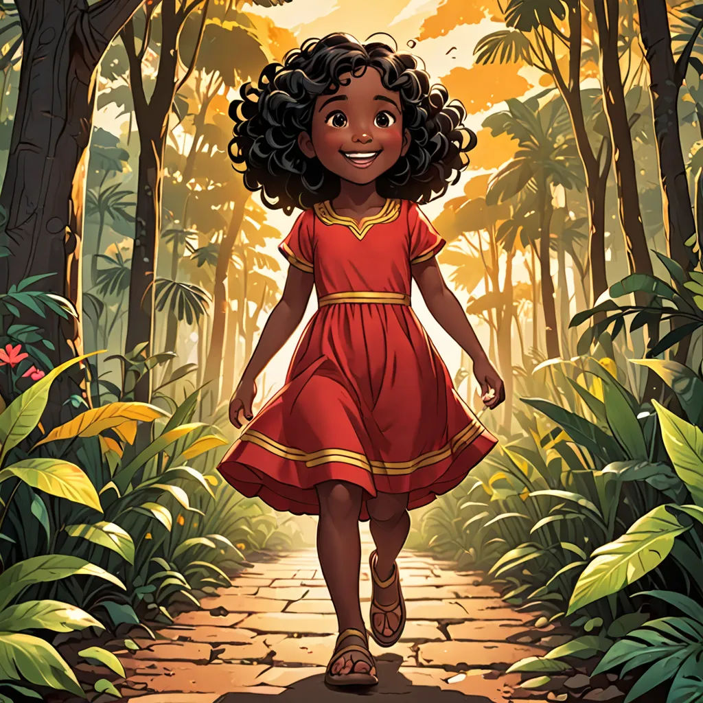 a cartoon girl in a red dress walking through a jungle with trees and leaves on either side of her, afrofuturism, a storybook illustration, Ella Guru, official art