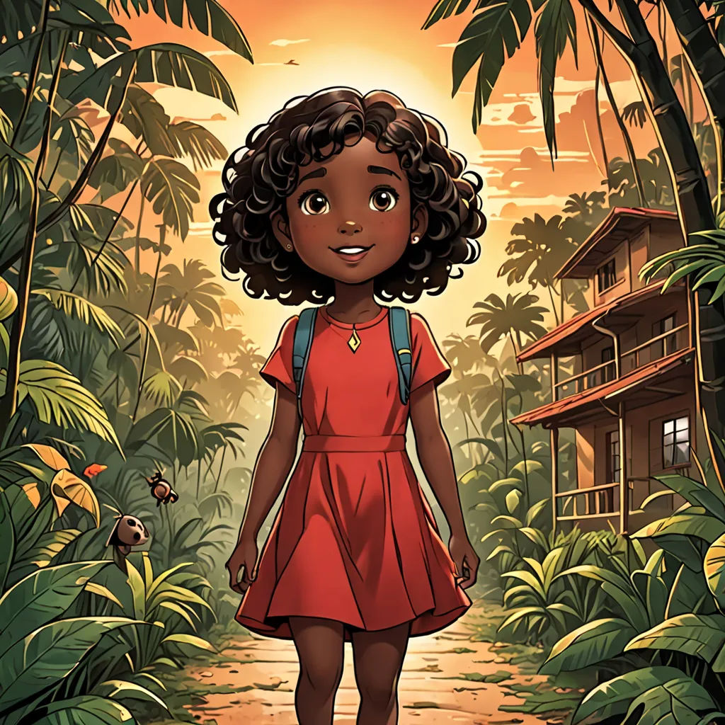 a cartoon girl in a red dress walking through a jungle with a house in the background and a bird flying overhead, afrofuturism, poster art, Ella Guru, comic cover art